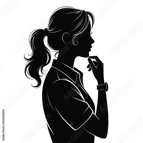 Silhouette of a thoughtful woman with ponytail wearing a watch