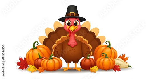 A cartoon vector of a happy turkey wearing a pilgrim hat surrounded by pumpkins and autumn leaves, centered on a white background
