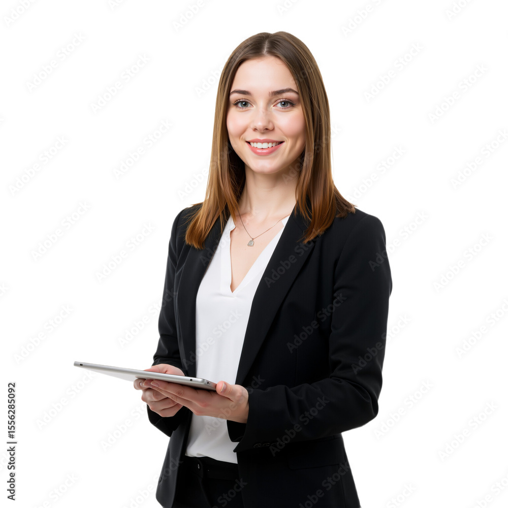 Beautiful Smiling Businesswoman in Black Formal Suit Holding Tablet on Transparent Background, PNG format. Beautiful Smiling Businesswoman in Black Formal Suit Holding Tablet on Transparent Background, PNG format.