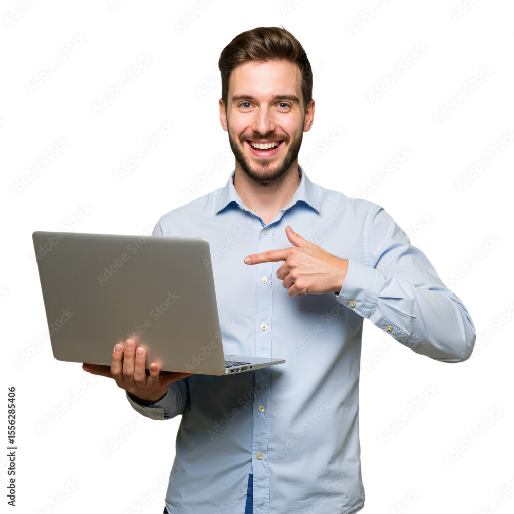 Smiling Man in Light Blue Shirt Holding Laptop and Pointing at It on Transparent Background, PNG format Smiling Man in Light Blue Shirt Holding Laptop and Pointing at It on Transparent Background, PNG format