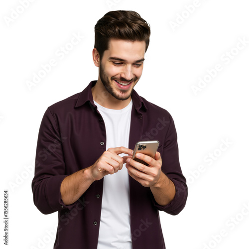 Young handsome man in dark purple shirt using smartphone isolated on transparent background PNG.
