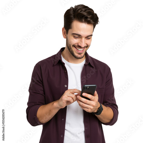 Young handsome man in dark purple shirt using smartphone isolated on transparent background PNG.