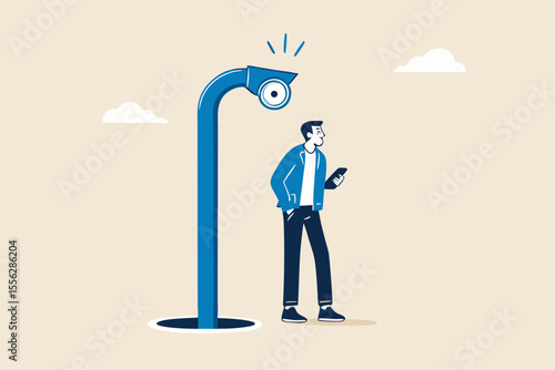 Mobile privacy, app that tracking all user behaviors for marketing, data protection or spyware concept, young adult man using mobile app or smart phone and found periscope watching him from behind.
