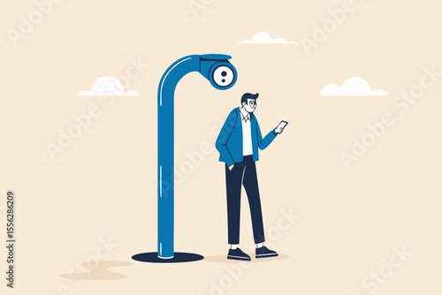 Mobile privacy, app that tracking all user behaviors for marketing, data protection or spyware concept, young adult man using mobile app or smart phone and found periscope watching him from behind.