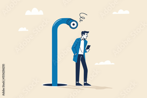 Mobile privacy, app that tracking all user behaviors for marketing, data protection or spyware concept, young adult man using mobile app or smart phone and found periscope watching him from behind.