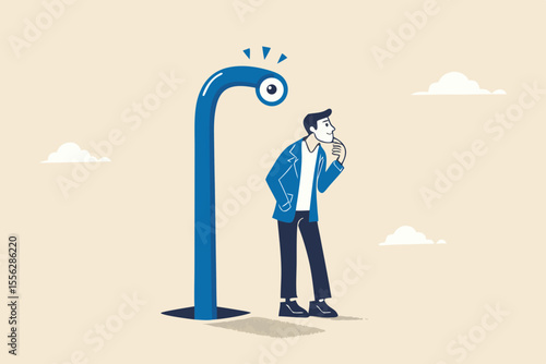 Mobile privacy, app that tracking all user behaviors for marketing, data protection or spyware concept, young adult man using mobile app or smart phone and found periscope watching him from behind.