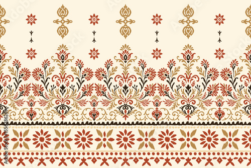 Ethnic Ikat Floral Damask Embroidery Pattern in Traditional Seamless Textile Style, Abstract Ornamental Fabric Illustration for Clothing, Wrapping and Decorative Fabric Design.
