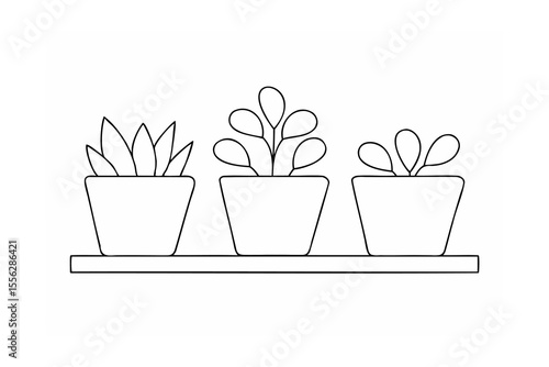 One line drawing of three potted plants on a shelf in black and white