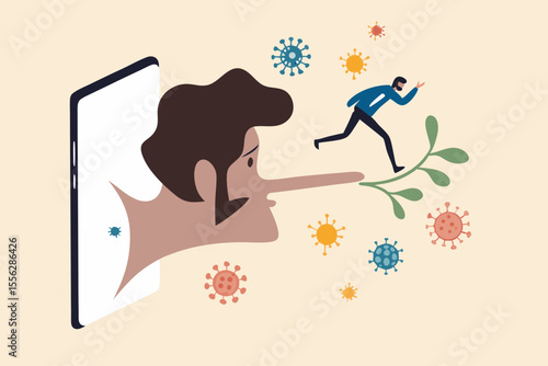 Fake news or misleading information of Coronavirus COVID-19 that people share on social media and internet, man panic running away on long nose liar talking people from social media app mobile phone.