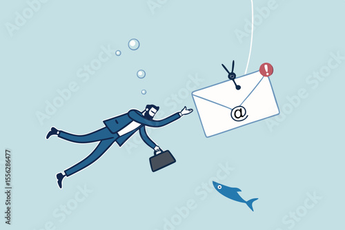 Phishing email, fraud or scam mail offer fake login or password form to steal personal information, online crime concept, greedy businessman diving underwater to catch email envelope with fishing hook