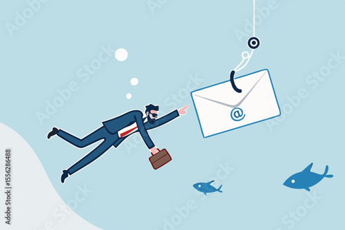 Phishing email, fraud or scam mail offer fake login or password form to steal personal information, online crime concept, greedy businessman diving underwater to catch email envelope with fishing hook