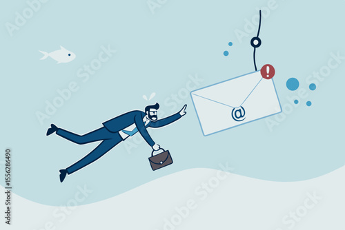 Phishing email, fraud or scam mail offer fake login or password form to steal personal information, online crime concept, greedy businessman diving underwater to catch email envelope with fishing hook