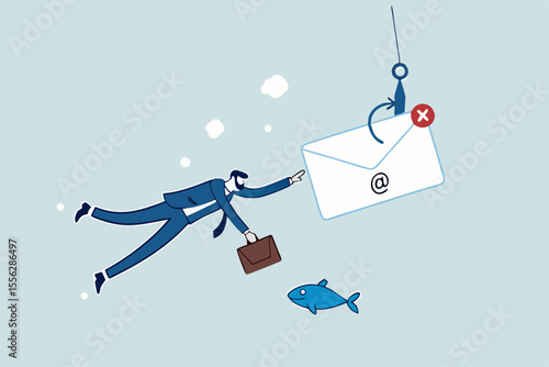 Phishing email, fraud or scam mail offer fake login or password form to steal personal information, online crime concept, greedy businessman diving underwater to catch email envelope with fishing hook