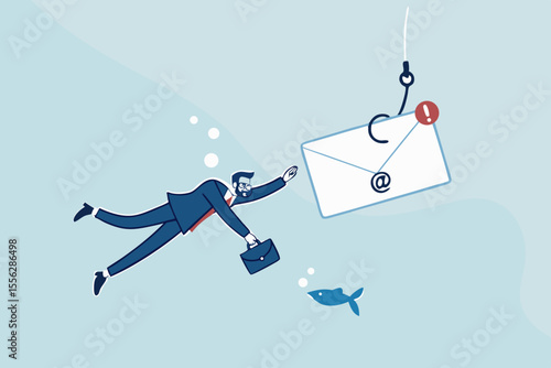 Phishing email, fraud or scam mail offer fake login or password form to steal personal information, online crime concept, greedy businessman diving underwater to catch email envelope with fishing hook