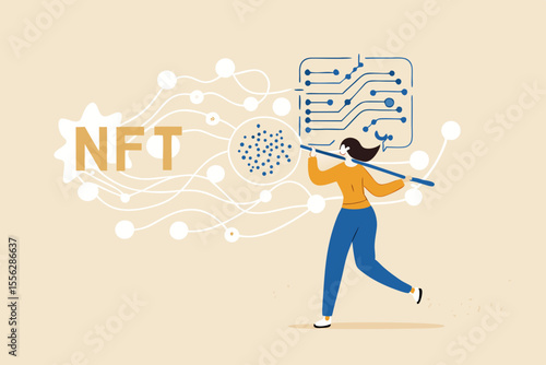 NFT non-fungible token, selling crypto art or painting as unique digital asset with cryptocurrency payment in online bidding website, artist woman painting beautiful digital canvas with the word NFT.