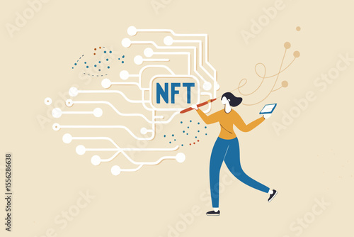 NFT non-fungible token, selling crypto art or painting as unique digital asset with cryptocurrency payment in online bidding website, artist woman painting beautiful digital canvas with the word NFT.