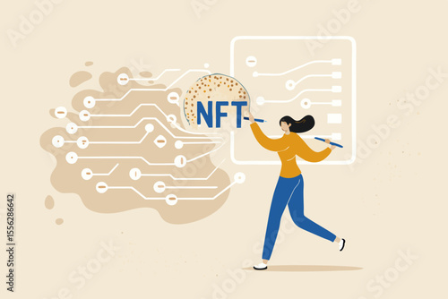 NFT non-fungible token, selling crypto art or painting as unique digital asset with cryptocurrency payment in online bidding website, artist woman painting beautiful digital canvas with the word NFT.