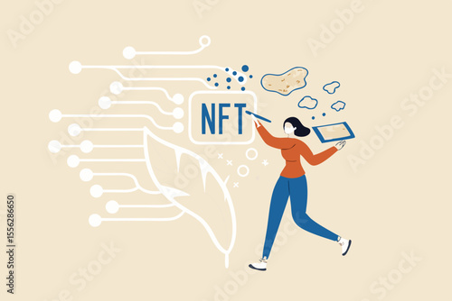 NFT non-fungible token, selling crypto art or painting as unique digital asset with cryptocurrency payment in online bidding website, artist woman painting beautiful digital canvas with the word NFT.
