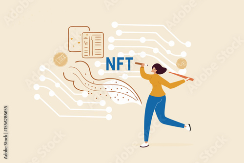 NFT non-fungible token, selling crypto art or painting as unique digital asset with cryptocurrency payment in online bidding website, artist woman painting beautiful digital canvas with the word NFT.