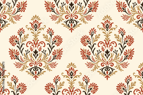Ethnic Ikat Floral Damask Embroidery Pattern in Traditional Seamless Textile Style, Abstract Ornamental Fabric Illustration for Clothing, Wrapping and Decorative Fabric Design