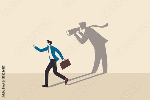 Internet stalker, espionage, online advertising tracking and follow users, spyware, safety, security and privacy issue concept, businessman walking with shadow using spyglass binocular stalking him.