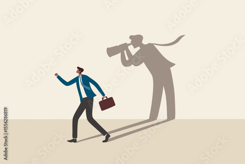 Internet stalker, espionage, online advertising tracking and follow users, spyware, safety, security and privacy issue concept, businessman walking with shadow using spyglass binocular stalking him.