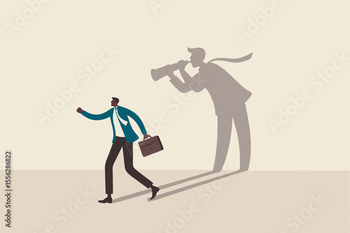 Internet stalker, espionage, online advertising tracking and follow users, spyware, safety, security and privacy issue concept, businessman walking with shadow using spyglass binocular stalking him.