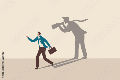 Internet stalker, espionage, online advertising tracking and follow users, spyware, safety, security and privacy issue concept, businessman walking with shadow using spyglass binocular stalking him.