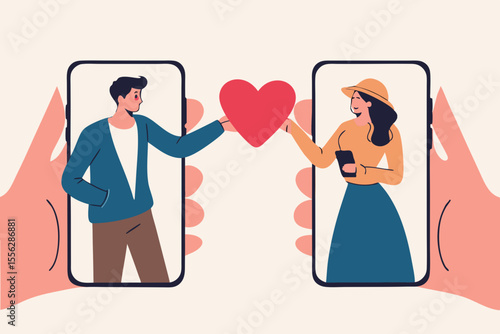 Online dating mobile application, using digital dating service to find lover or relationship concept, young couple millennial man and woman using smart phone application and holding romantic heart.