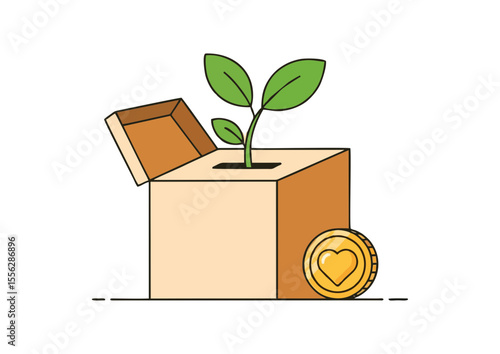 Donation box with sprouting plant and heart-shaped coin symbolizing support for nature