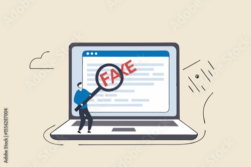 Fake news or false information spreading on website and social media, screening or verify truth before sharing or believe concept, man with magnifying glass verify fake news on website on computer.
