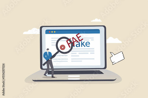 Fake news or false information spreading on website and social media, screening or verify truth before sharing or believe concept, man with magnifying glass verify fake news on website on computer.