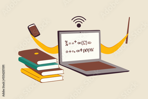 Online e-learning, teaching via internet course or study online at home in Coronavirus COVID-19 outbreak concept, computer laptop with math equation on display with hands as professor or teacher.