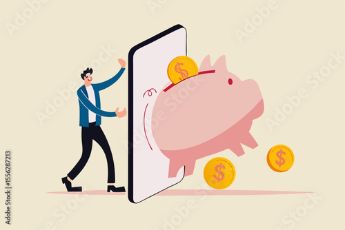 Fintech financial technology, banking mobile app for spending investment and saving concept, businessman investor standing with mobile application with wealthy pink piggy bank with money coins jumping