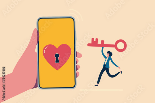 Dating apps, online dating using internet and social media to find romantic relationship concept, young adult millennial boy holding lovely key running to smart phone app with heart shape and keyhole.