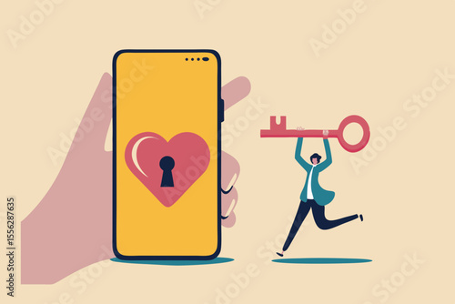 Dating apps, online dating using internet and social media to find romantic relationship concept, young adult millennial boy holding lovely key running to smart phone app with heart shape and keyhole.