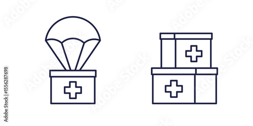 humanitarian aid line icons with parachute and boxes