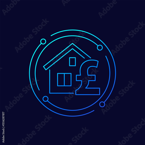 property valuation icon with house and pound, linear design