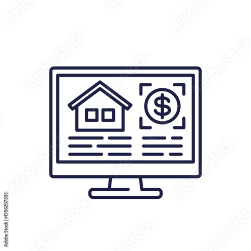 property valuation line icon with house and computer