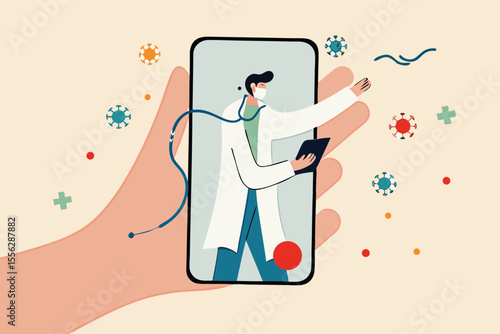 Telehealth health care technology doctor can diagnose and help patient via mobile phone or tele conference concept, patient hand carry mobile application with doctor, physician diagnose virus symptom