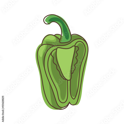 Fresh green bell pepper with inner structure and stem in flat cartoon style isolated on white background