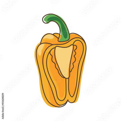 Bright yellow bell pepper with inner core and stem in flat cartoon style isolated on white background