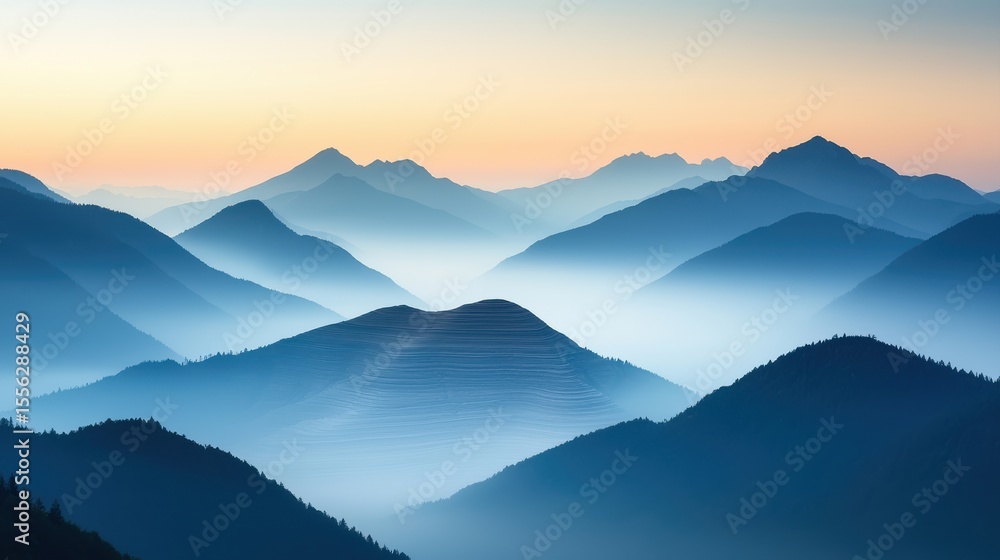 Obraz premium A serene sunrise casts soft light over layered mountain ranges, enveloped in mist and creating a tranquil, ethereal landscape.