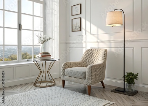 A minimalist reading nook with a textured armchair, glass side table, and soft lighting, creating a peaceful ambiance in a bright, modern interior