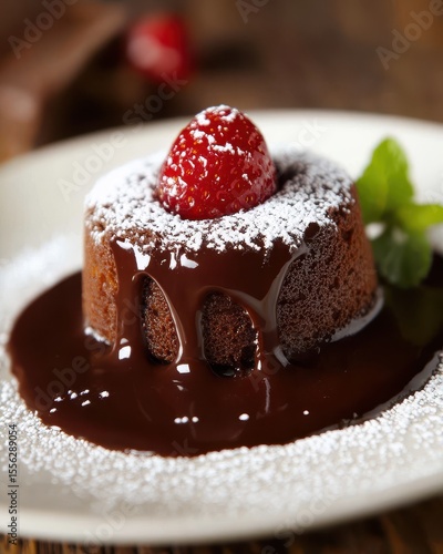 Chocolate molten cake with strawberry and mint garnish on plate
