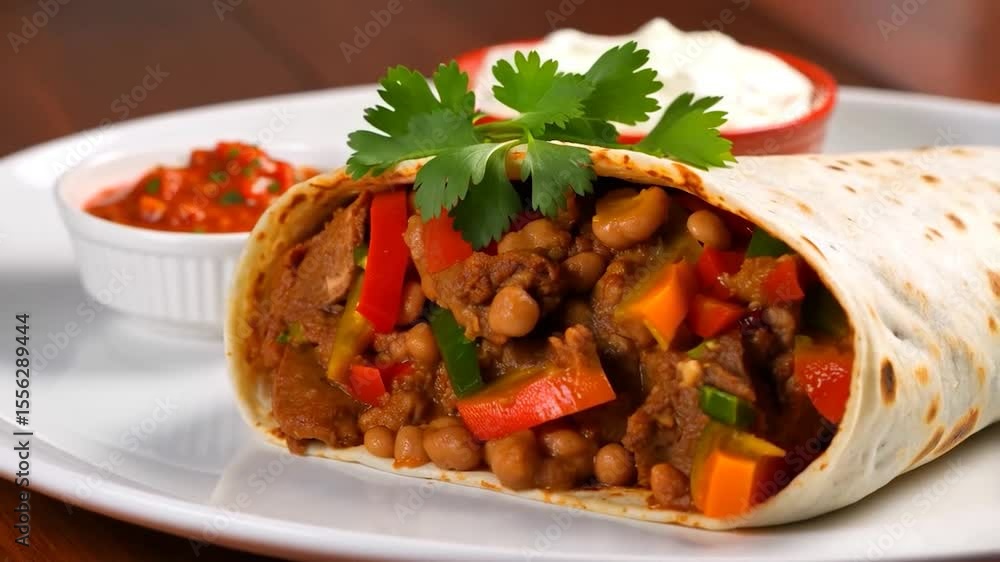 Hearty burrito filled with seasoned beef, beans, and peppers, served on a plate Hearty burrito filled with seasoned beef, beans, and peppers, served on a plate