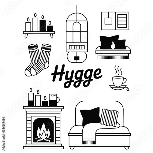 Black and white vector illustration of hygge lifestyle set with fireplace, cozy socks, candles, hot drinks, and warm bed elements