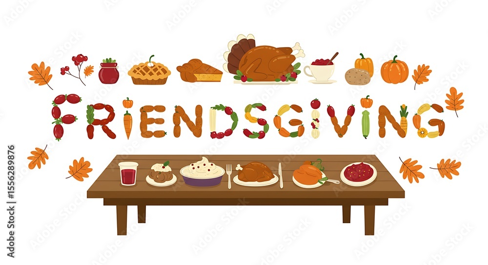Fototapeta premium A festive flat vector of a table with “Friendsgiving” spelled in food items like turkey, pumpkin pie, and mashed potatoes, centered on a white background 