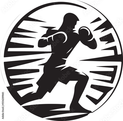  Stylized silhouette of a boxer delivering a powerful punch, encircled by dynamic lines, symbolizing energy, strength, and focus.