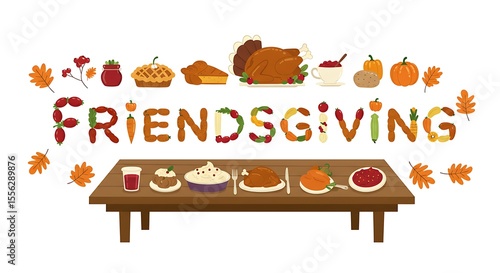 A festive flat vector of a table with “Friendsgiving” spelled in food items like turkey, pumpkin pie, and mashed potatoes, centered on a white background

